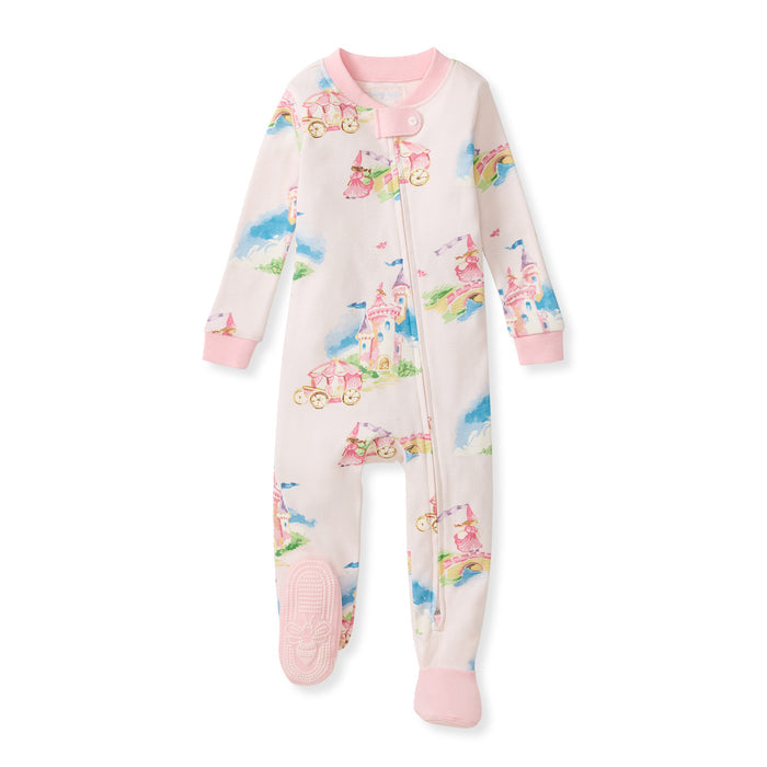 Pink footed baby sleeper with long sleeves, front snap placket, unicorn and castle print