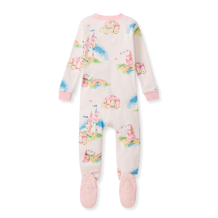 Pink-trim footed baby sleeper with long sleeves and allover unicorn castle print, snap legs