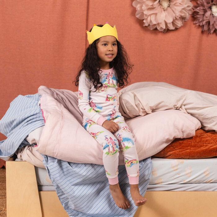 Organic cotton two-piece pajamas with pastel carousel and castle print, long sleeves