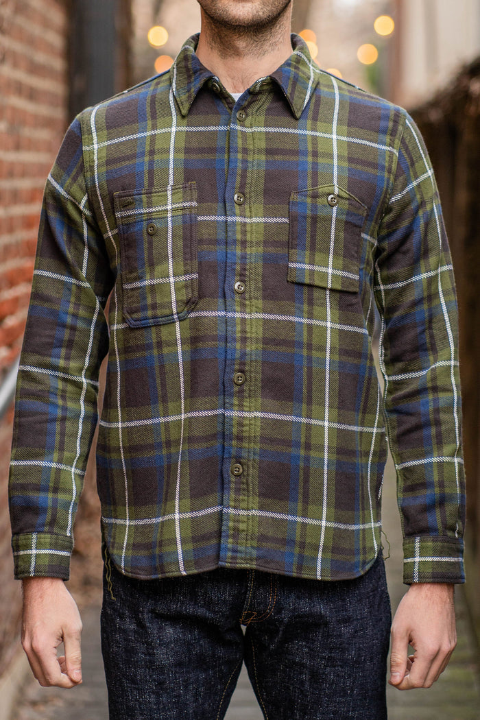Pure Blue Japan 2222-OL Raised Surface Check Double Pocket Shirt -Olive. on model front profile