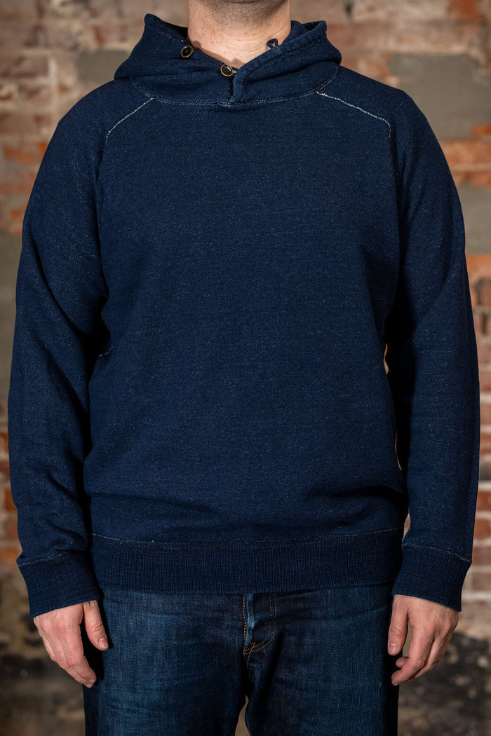 Pure Blue Japan 5410-ID Knitted Hoodie - Indigo. on model front profile