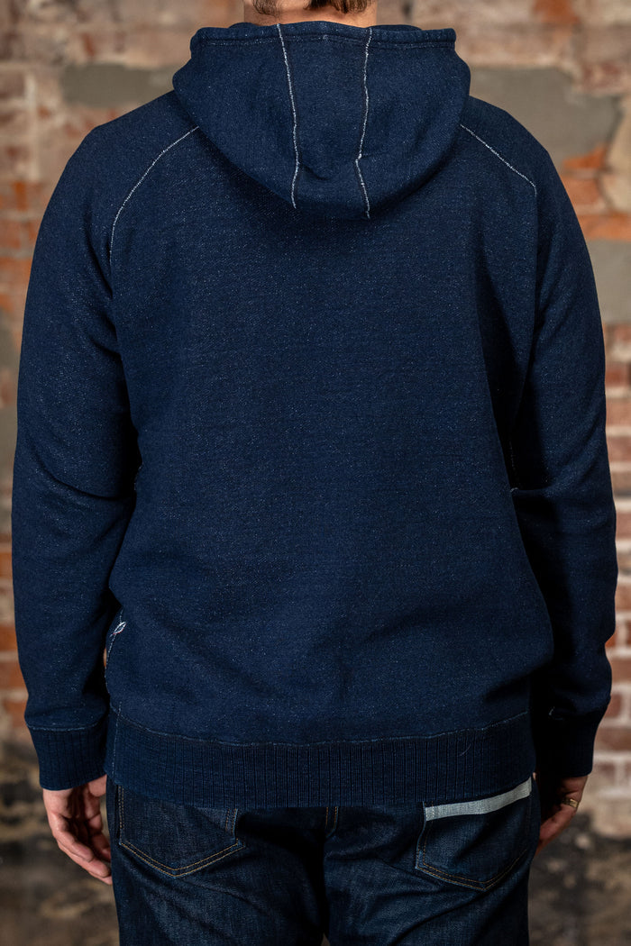 Pure Blue Japan 5410-ID Knitted Hoodie - Indigo. on model back profile