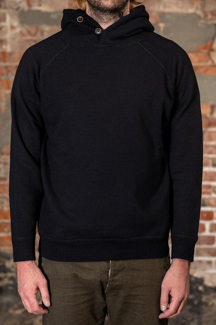 Pure Blue Japan 5410-IDBK Knitted Hoodie - Indigo Black. on model front profile