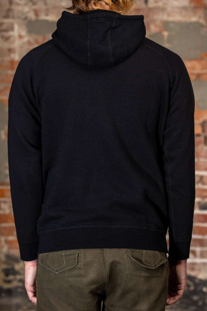 Pure Blue Japan 5410-IDBK Knitted Hoodie - Indigo Black. on model back profile