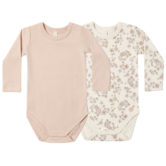 Quincy Mae Jersey Bodysuit, 2 Pack || Floral Vine, Dusty Rose