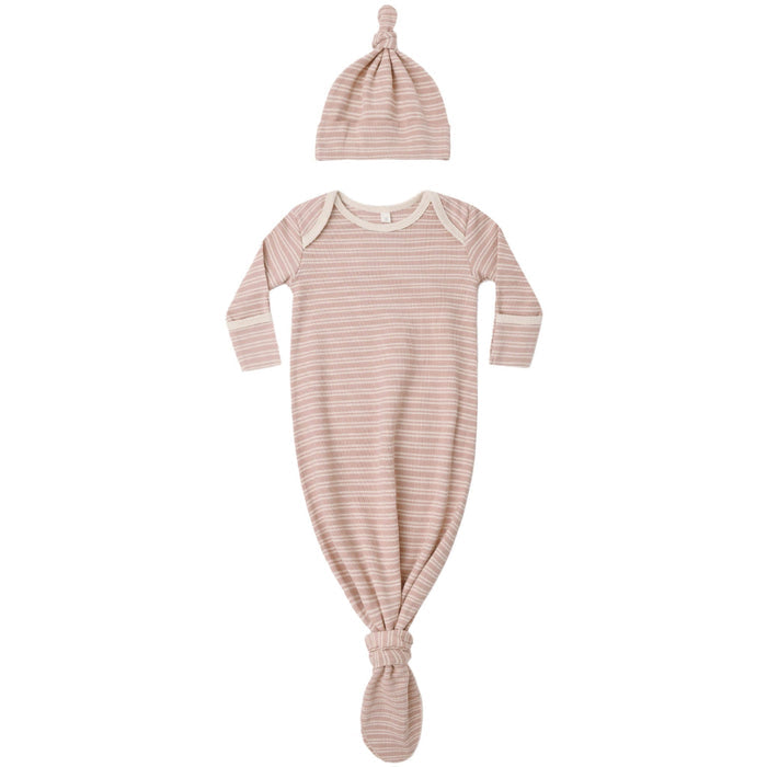 Quincy Mae Knotted Baby Gown + Hat Set || Dusty Rose Microstripe