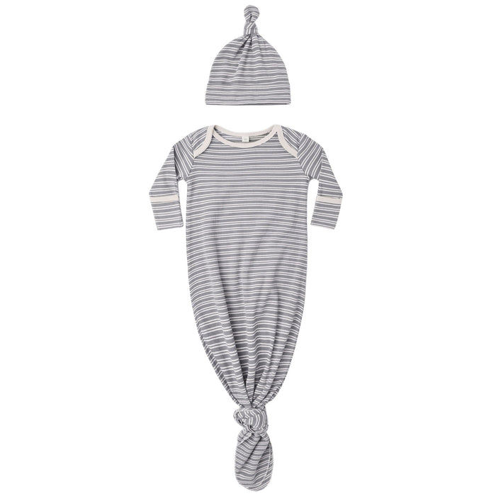 Quincy Mae Knotted Baby Gown + Hat Set || Slate Microstripe