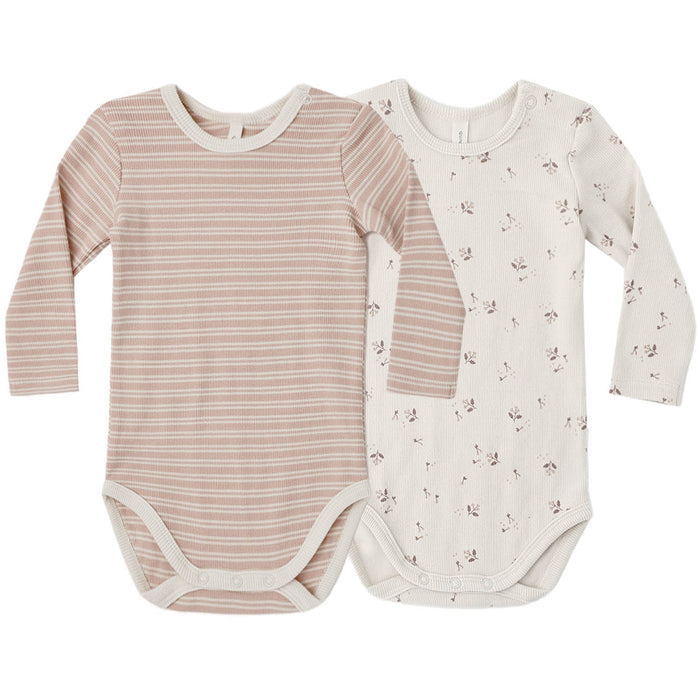Quincy Mae Ribbed Bodysuit, 2 Pack || Dusty Rose Microstripe, Fall Ditsy