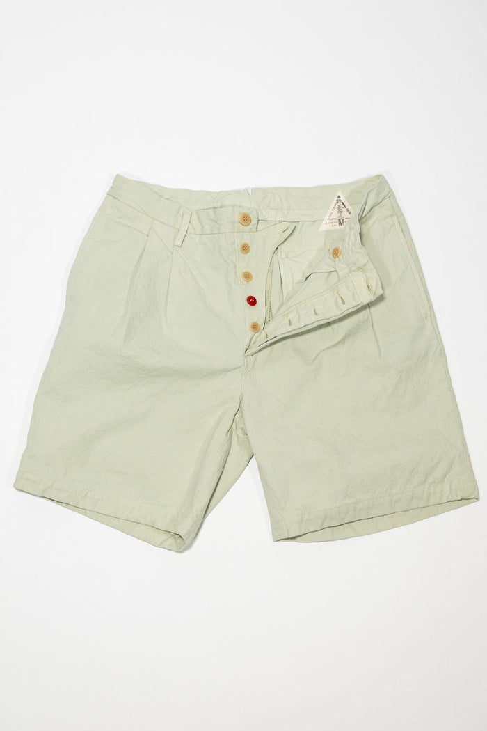 Seuvas 10oz Canvas 2-Tuck Shorts - Matcha. laid on back with button fly open