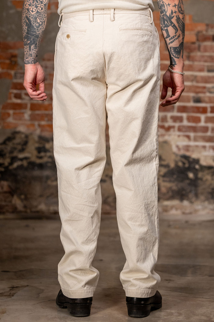 Seuvas 10oz Canvas 2-Tuck Trousers (Long) - Natural. on model back profile