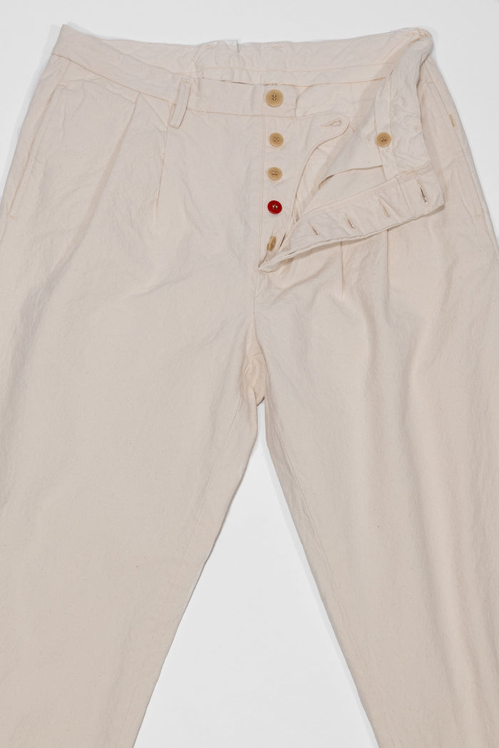 Seuvas 10oz Canvas 2-Tuck Trousers (Long) - Natural. laid on back with button fly open