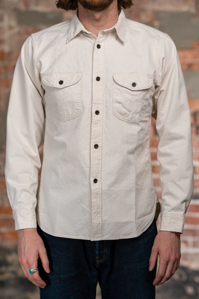 Seuvas 8oz Canvas Flap Work Shirt - Natural. on model front profile