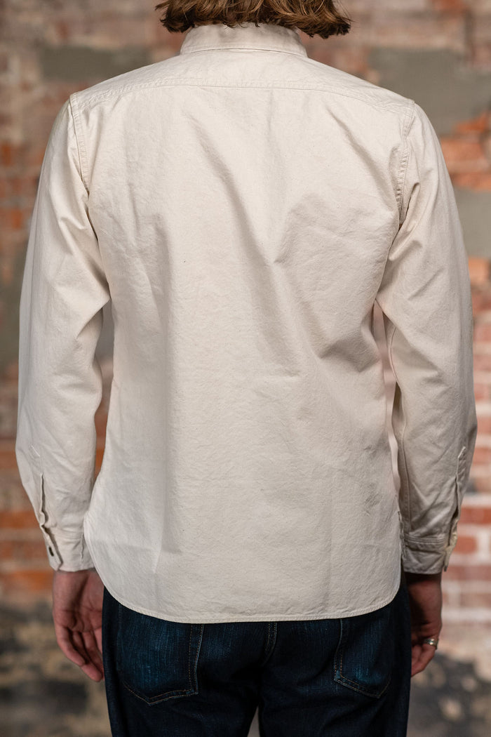 Seuvas 8oz Canvas Flap Work Shirt - Natural. on model back profile