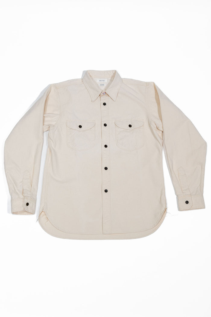 Seuvas 8oz Canvas Flap Work Shirt - Natural. laid on back