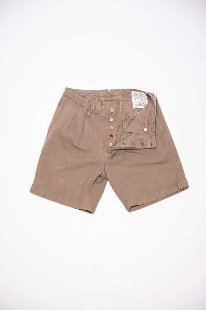 Seuvas Canvas 2-Tuck Shorts - Coffee. laid on back with button fly open