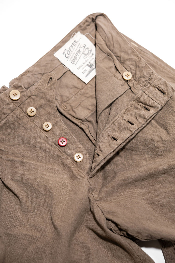 Seuvas Canvas 2-Tuck Shorts - Coffee. close up shot with button fly open