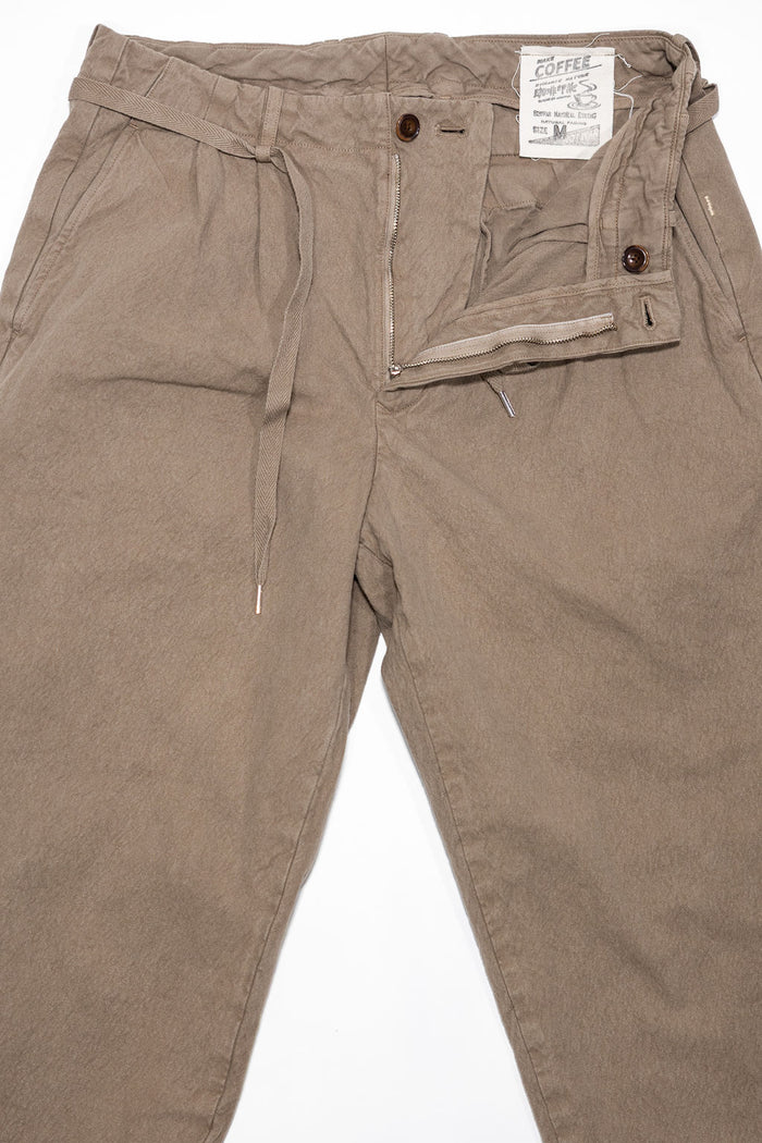 Seuvas Canvas Tapered 2-Tuck Pants (Regular) - Coffee. laid on back with zipper fly open