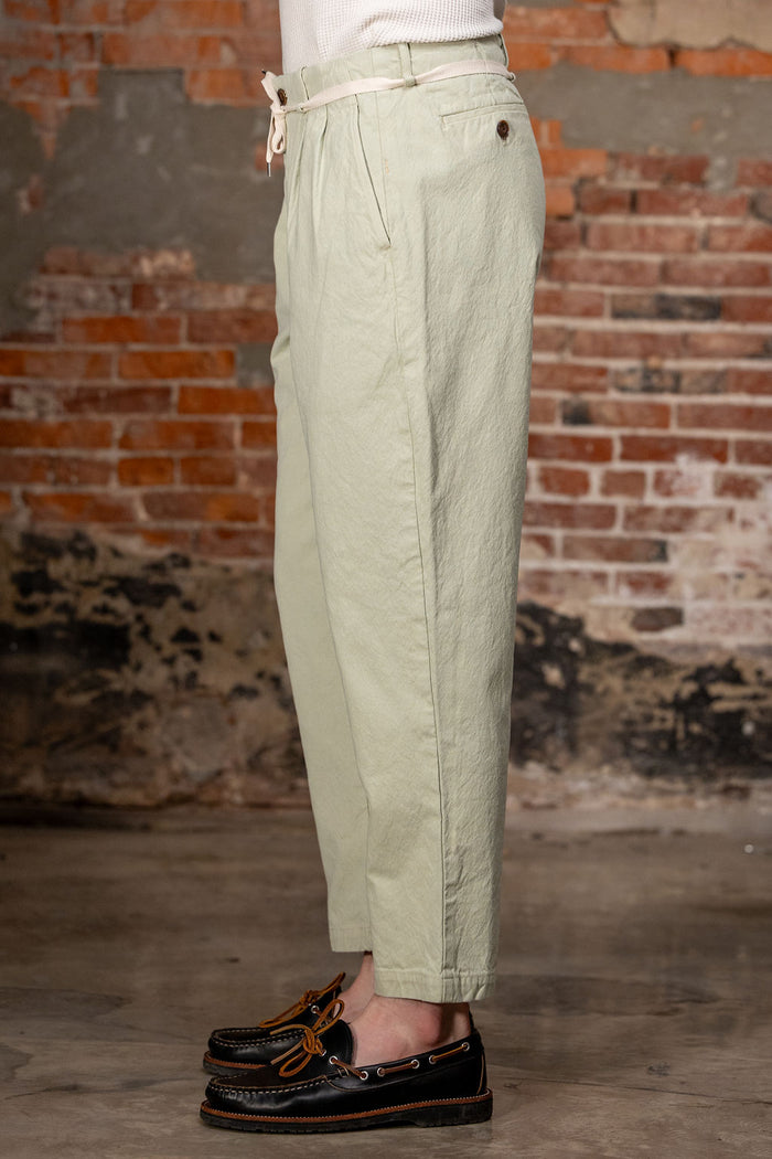 Seuvas Canvas Tapered 2-Tuck Pants (Regular) - Matcha. on model side profile