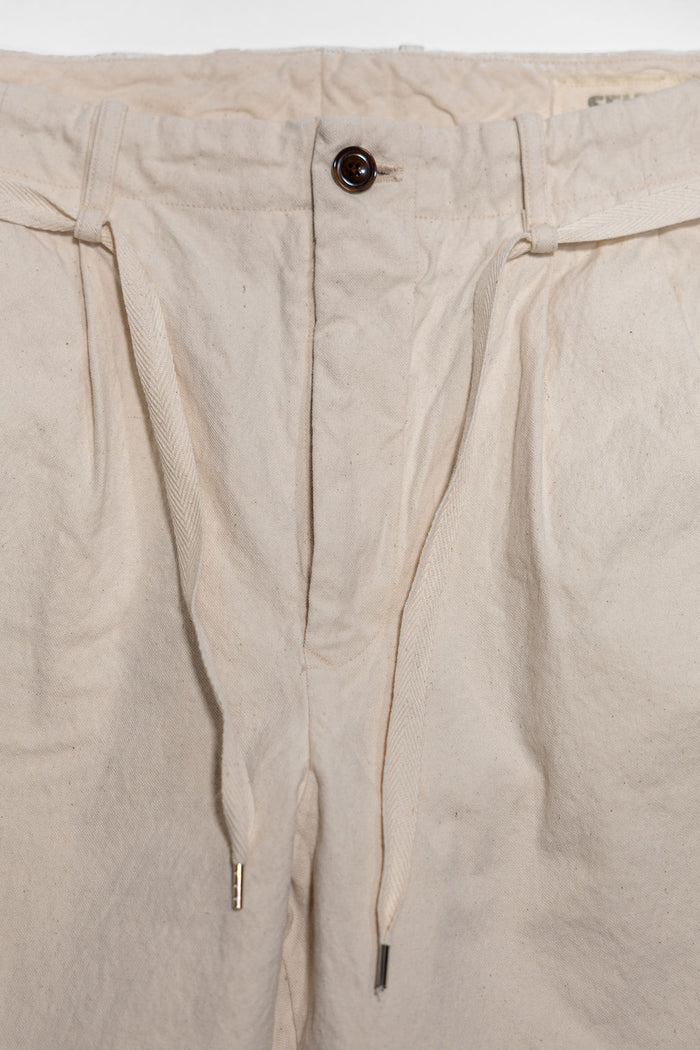 Seuvas Canvas Tapered 2-Tuck Pants (Regular) - Natural. close up of fly and waist band strings