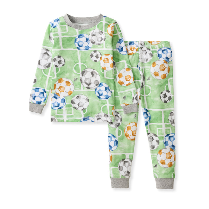 Green soccer-themed two-piece pajama set, long-sleeve top and jogger pants