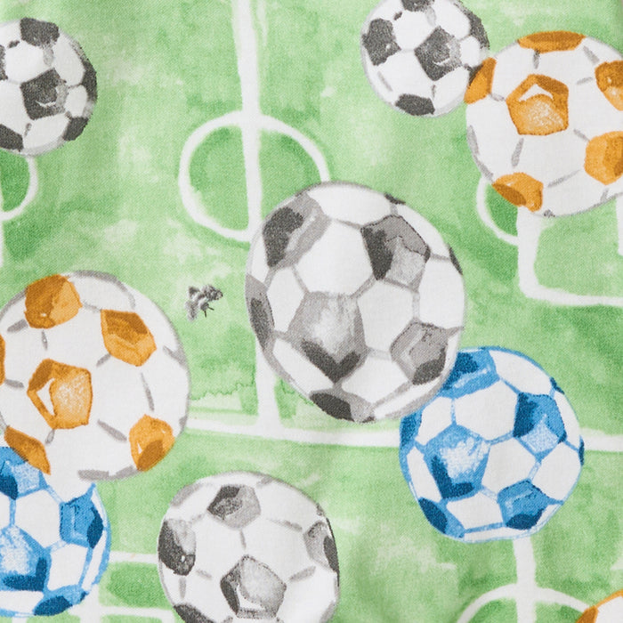 Soccer ball print sleep & play fabric in green with goal shapes