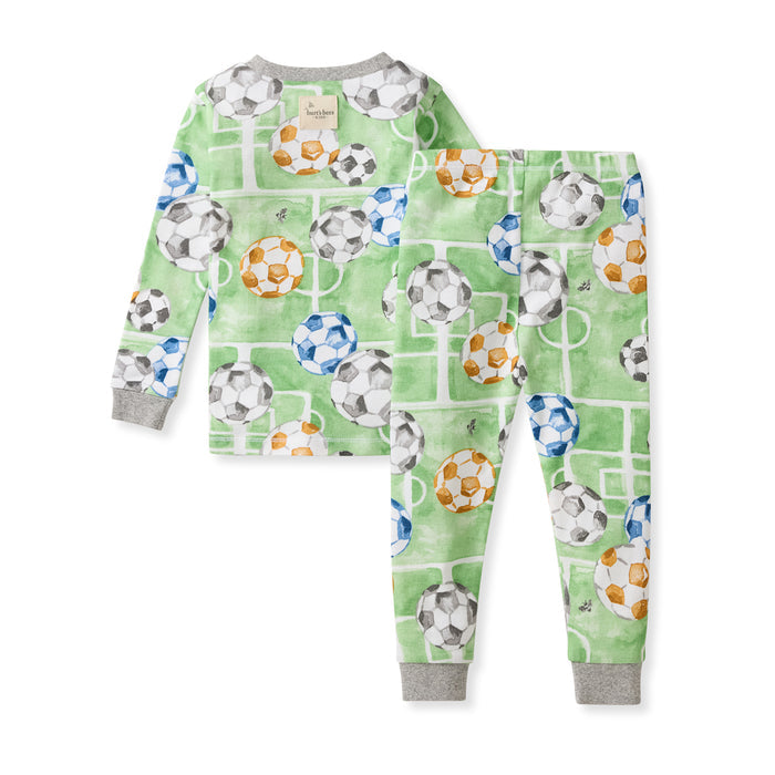Green soccer-print two-piece pajama set with matching long sleeves and long pants