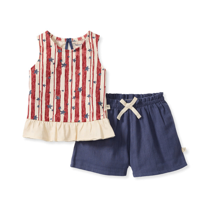 Girls striped tank top with stars and blue shorts set, ruffled hem, tie waistband