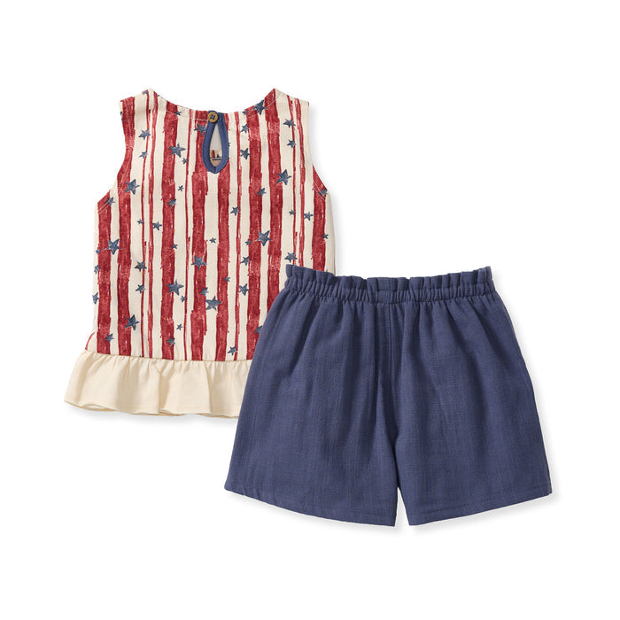 Girls striped tank top with stars and blue shorts set, ruffled hem, gathered tie waistband