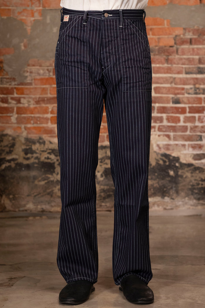 Navy striped fatigue pocket pants front view on model
