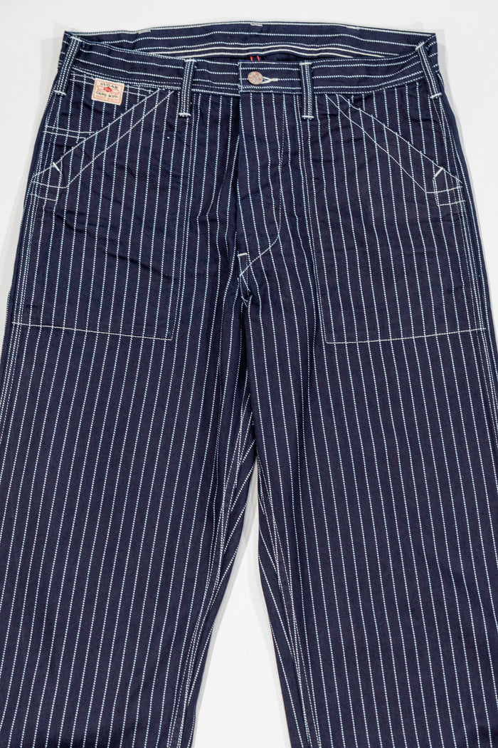 Navy striped fatigue pocket pants front view laying flat