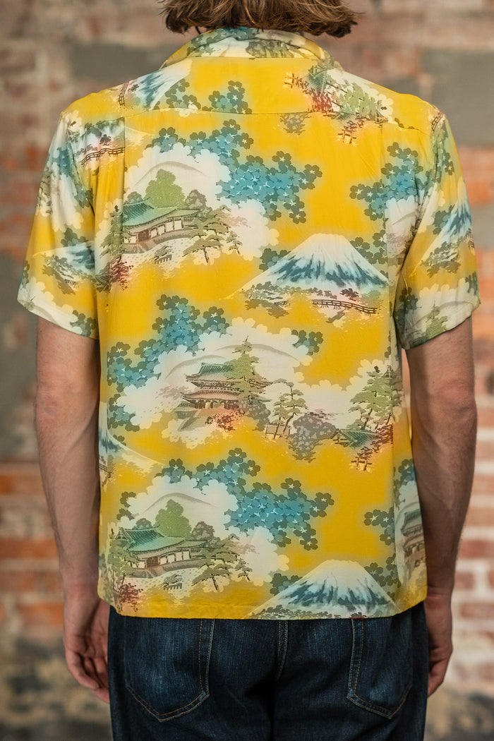 Sun Surf Rayon Hawaiian Shirt “Ancient Capital” - Yellow. on model back profile