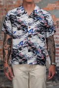 Sun Surf Rayon Hawaiian Shirt "Butterfly Splash" - Black. on model front profile