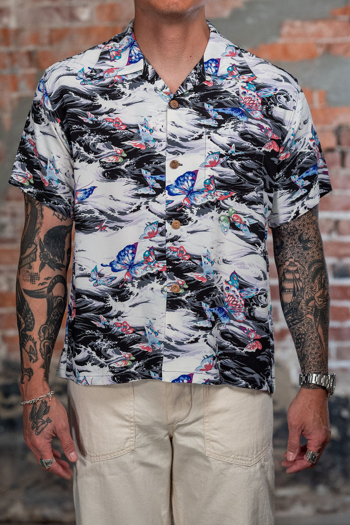 Sun Surf Rayon Hawaiian Shirt "Butterfly Splash" - Black. on model front profile