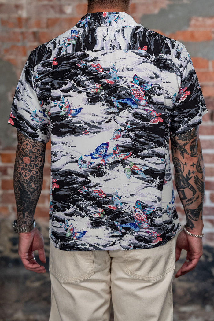 Sun Surf Rayon Hawaiian Shirt "Butterfly Splash" - Black. on model back profile