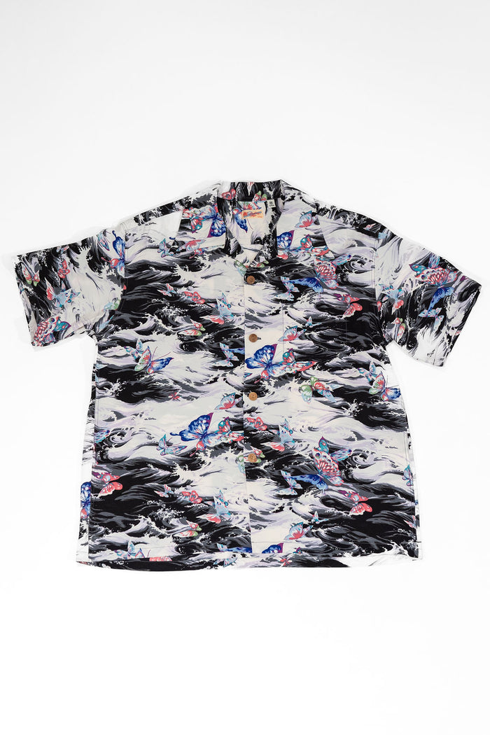 Sun Surf Rayon Hawaiian Shirt "Butterfly Splash" - Black. laid on back