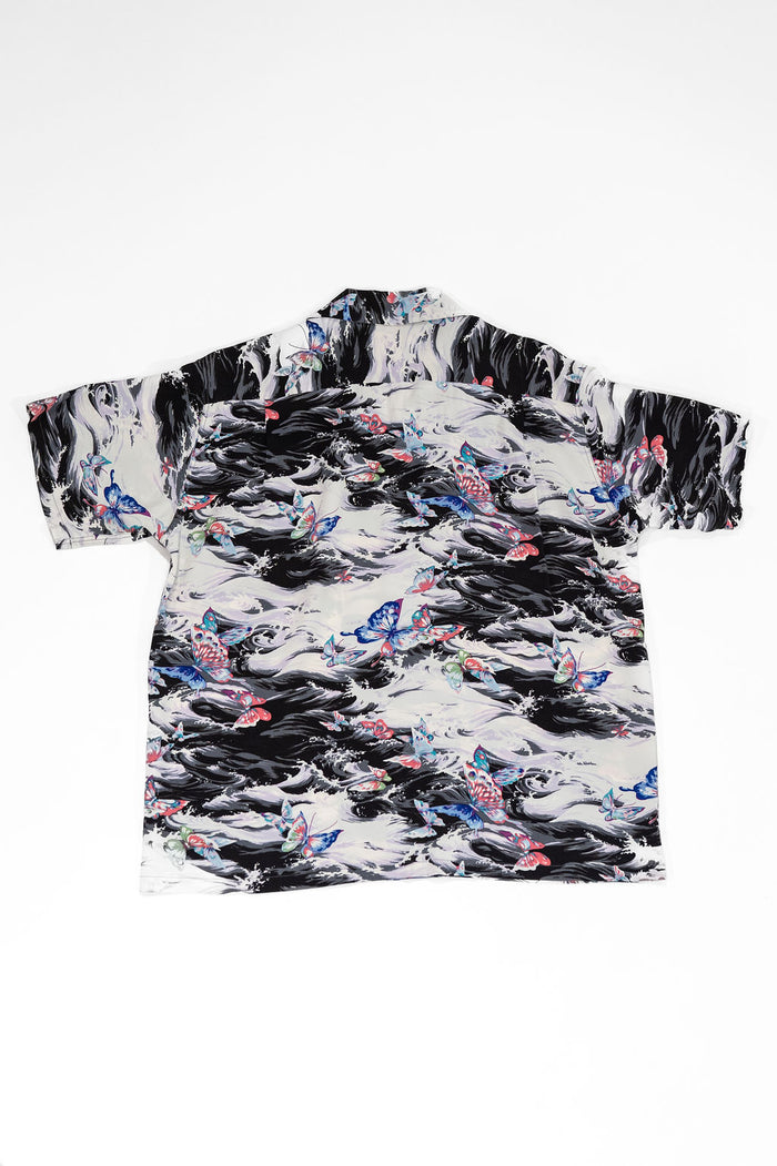 Sun Surf Rayon Hawaiian Shirt "Butterfly Splash" - Black. laid on front
