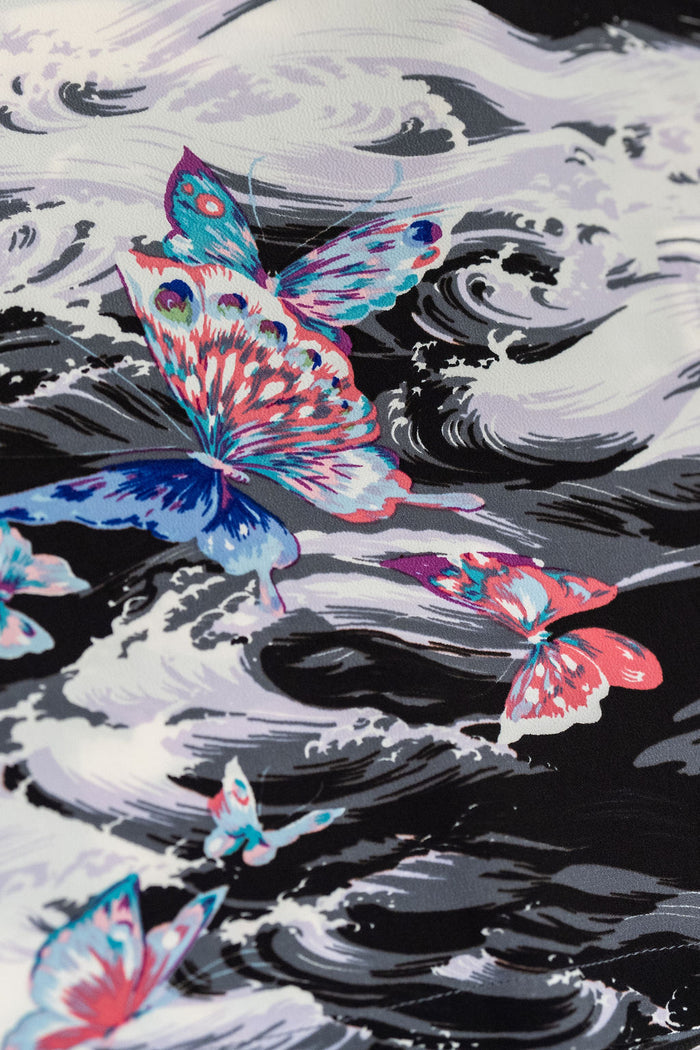 Sun Surf Rayon Hawaiian Shirt "Butterfly Splash" - Black. close up butterfly detail
