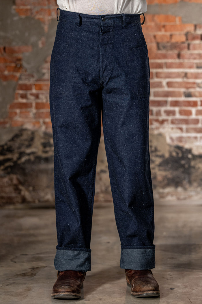 TCB Jeans Seamens Trousers - 10oz Neppy Denim Indigo One Wash. on model front profile