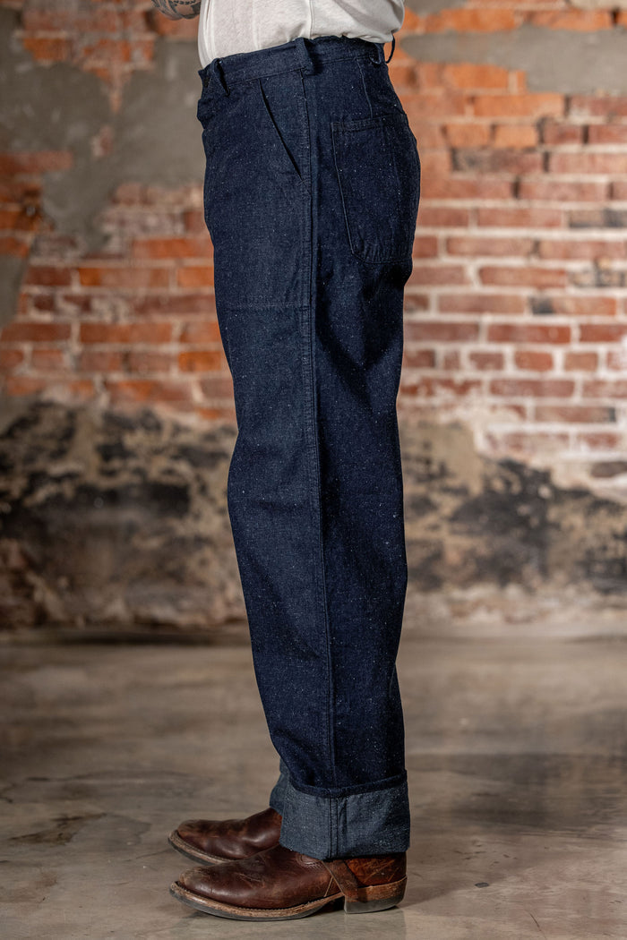 TCB Jeans Seamens Trousers - 10oz Neppy Denim Indigo One Wash. on model side profile