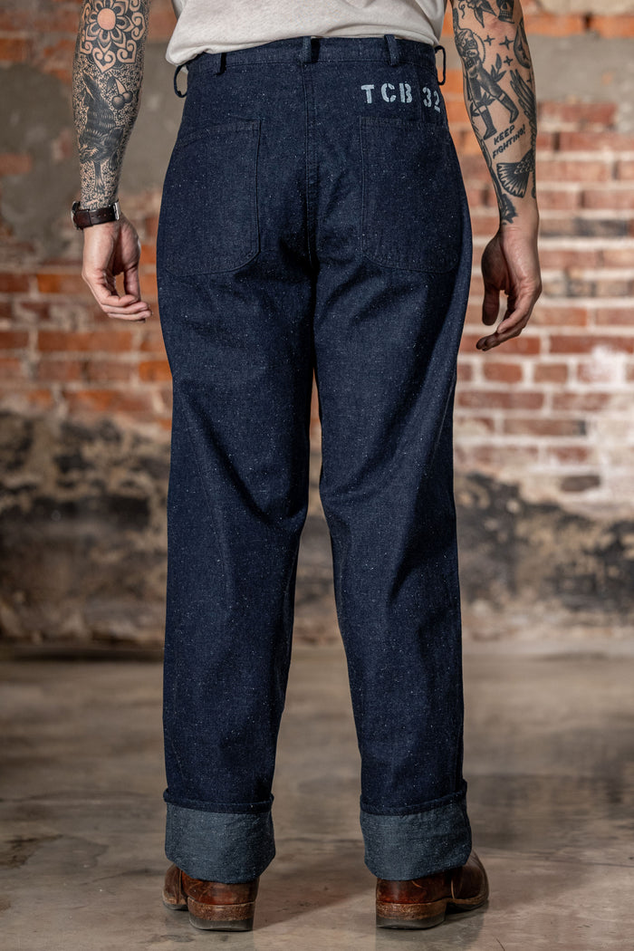 TCB Jeans Seamens Trousers - 10oz Neppy Denim Indigo One Wash. on model back profile