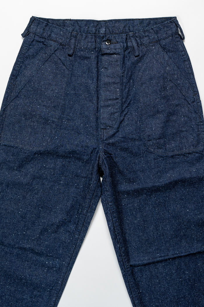 TCB Jeans Seamens Trousers - 10oz Neppy Denim Indigo One Wash. laid on back