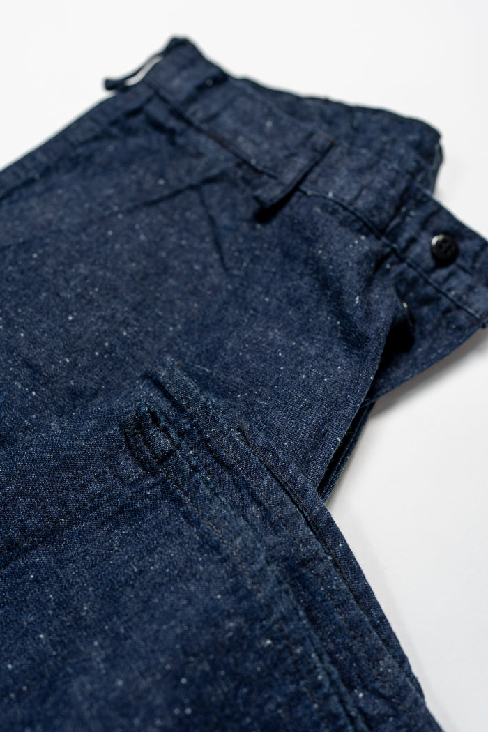 TCB Jeans Seamens Trousers - 10oz Neppy Denim Indigo One Wash. laid flat with cuff showing