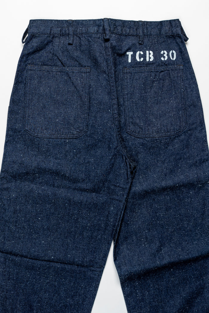 TCB Jeans Seamens Trousers - 10oz Neppy Denim Indigo One Wash. laid on front
