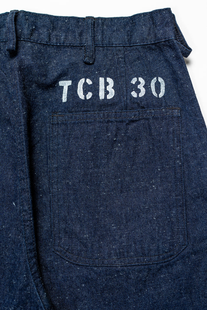 TCB Jeans Seamens Trousers - 10oz Neppy Denim Indigo One Wash. close up of back pocket