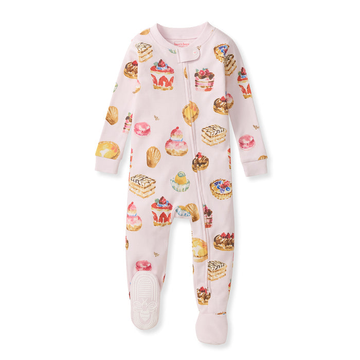 Organic cotton sleeper with front snap placket and zipper, long sleeves, pastry print.