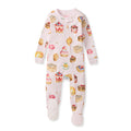 Organic cotton sleeper with front snap placket and zipper, long sleeves, pastry print.