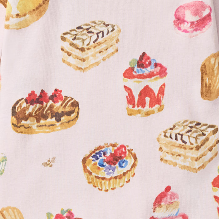 Organic cotton two-piece pajama set, pale lilac fabric with assorted pastry print
