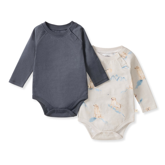 Baby boy bodysuit 2-pack with dark gray and white long sleeves, dog-print front