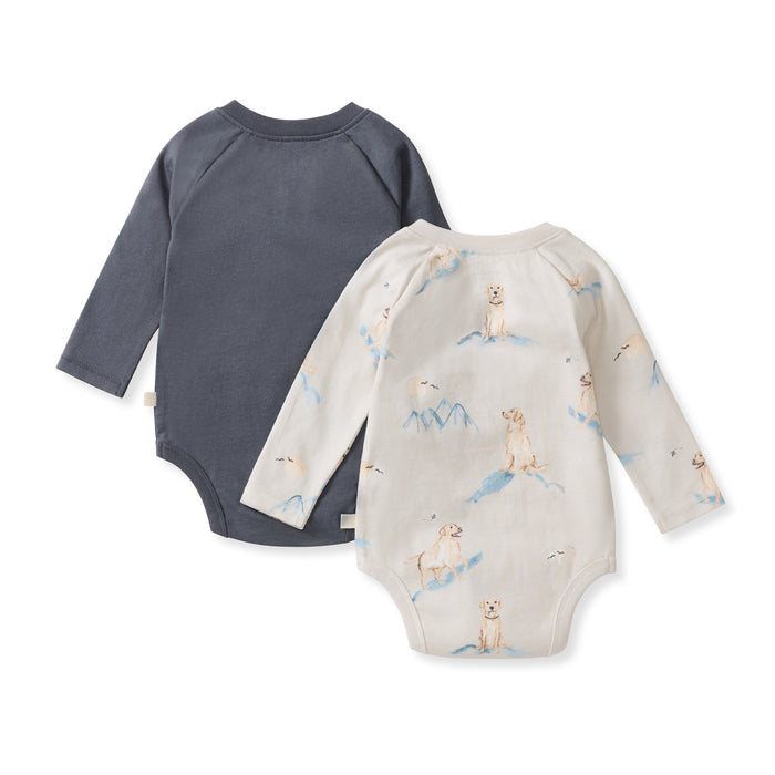Baby boy bodysuit 2-pack: dark gray and light cream long-sleeve dog-print snaps