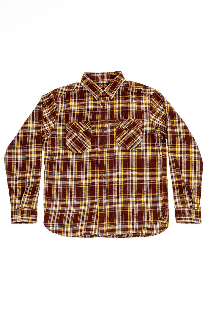 Full view from the front of the  UES 502655 Slubby Flannel Shirt in Brown